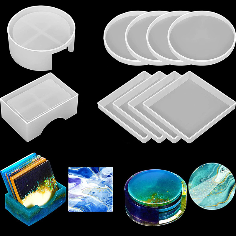 Coaster Mold Round - แม่พิมพ์ซิลิโคนสำหรับทำที่รองแก้วเรซิ่นอีพ็อกซี่แบบ DIY ชุด 5 ชิ้น รวมถึงแม่พิมพ์ซิลิโคนรูปทรงกลมและสี่เหลี่ยม