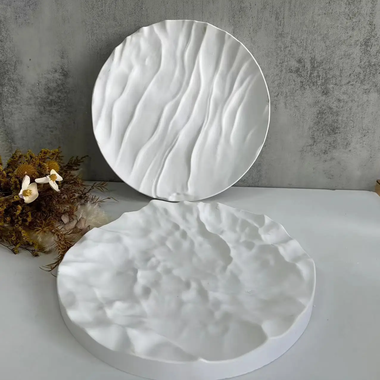 Coaster Mold Round - แม่พิมพ์ซิลิโคนซิลิโคนทรงกลมขนาดใหญ่ลายคลื่นทะเลไม่สม่ำเสมอเครื่องประดับดอกไม้แม่พิมพ์ปูนปลาสเตอร์สำหรับเวทีภาพถ่าย